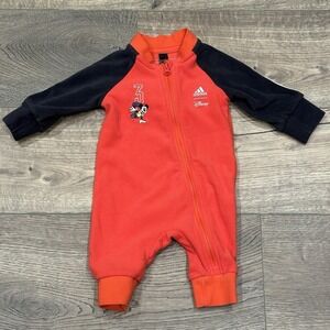 ADIDAS Kids Mickey Mouse Fleece Jumpsuit 0-3M Orange Black Zip‎ Up Romper